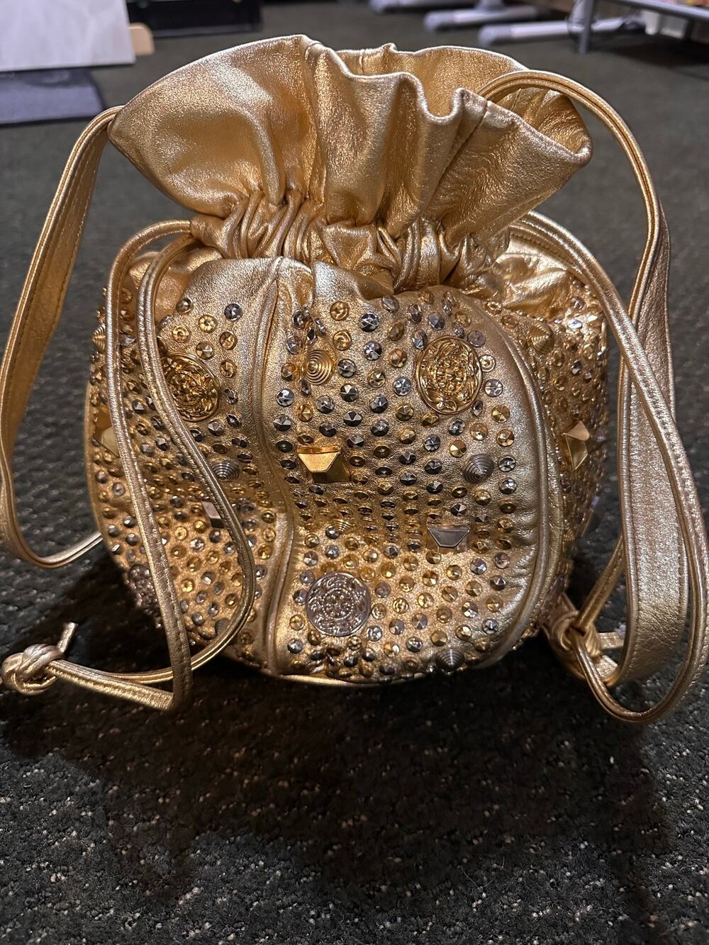 Fabulous Vintage 1980’s Gold Leather Studded Drawstring Bucket Bag